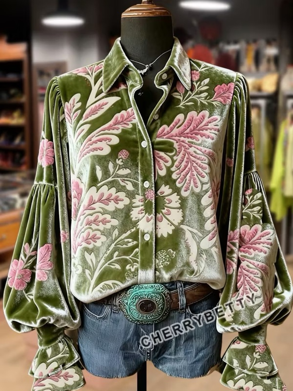 Cherry Betty Green Velvet Floral Button-Up Blouse with Puff Sleeves